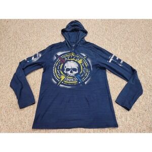 Affliction Shirt Mens Large Blue Henley Long Sleeve Hooded Skull Grunge Biker